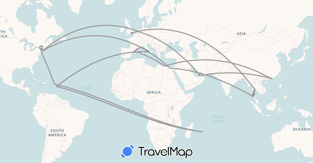 TravelMap itinerary: plane in United Arab Emirates, Egypt, Spain, France, United Kingdom, Guadeloupe, Hong Kong, Italy, Mauritius, Netherlands, Thailand, United States (Africa, Asia, Europe, North America)